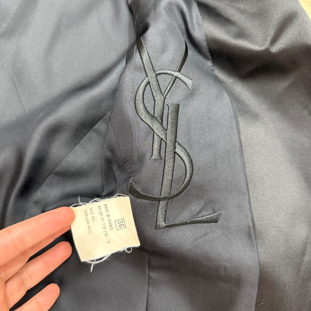 Vintage YSL Rive Gauche Black Wool Silk Long Tuxedo Coat Le Smoking Jacket 36 - Picture 11 of 16